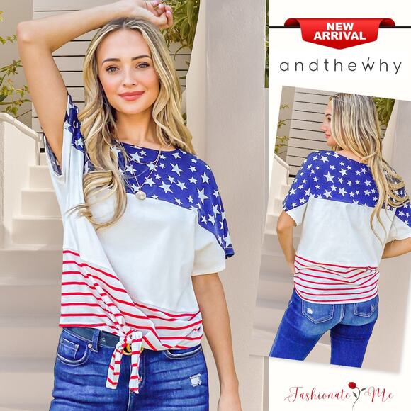 And The Why American Flag Print Tie Knot Front Detail Short Sleeves Casual Top - Picture 1 of 8